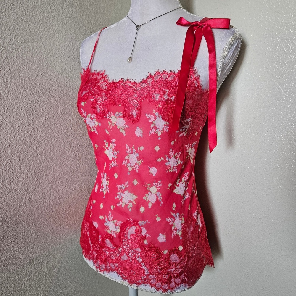 Victorias Secret Red Pink Floral Lace  Camisole Top with Bow